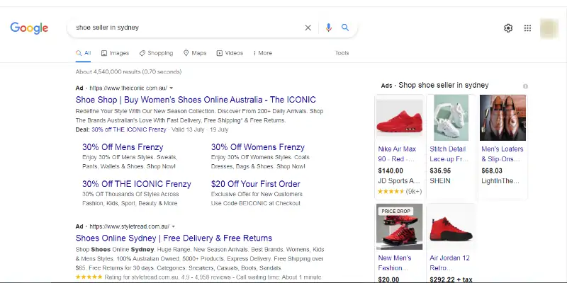 Example of Conduct Keyword Research with “Shoe seller in Sydney”