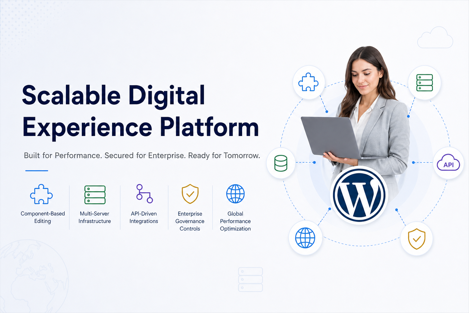 Promotional graphic for a scalable WordPress digital experience platform featuring a professional with laptop and icons representing editing, infrastructure, integrations, governance, and global optimization.
